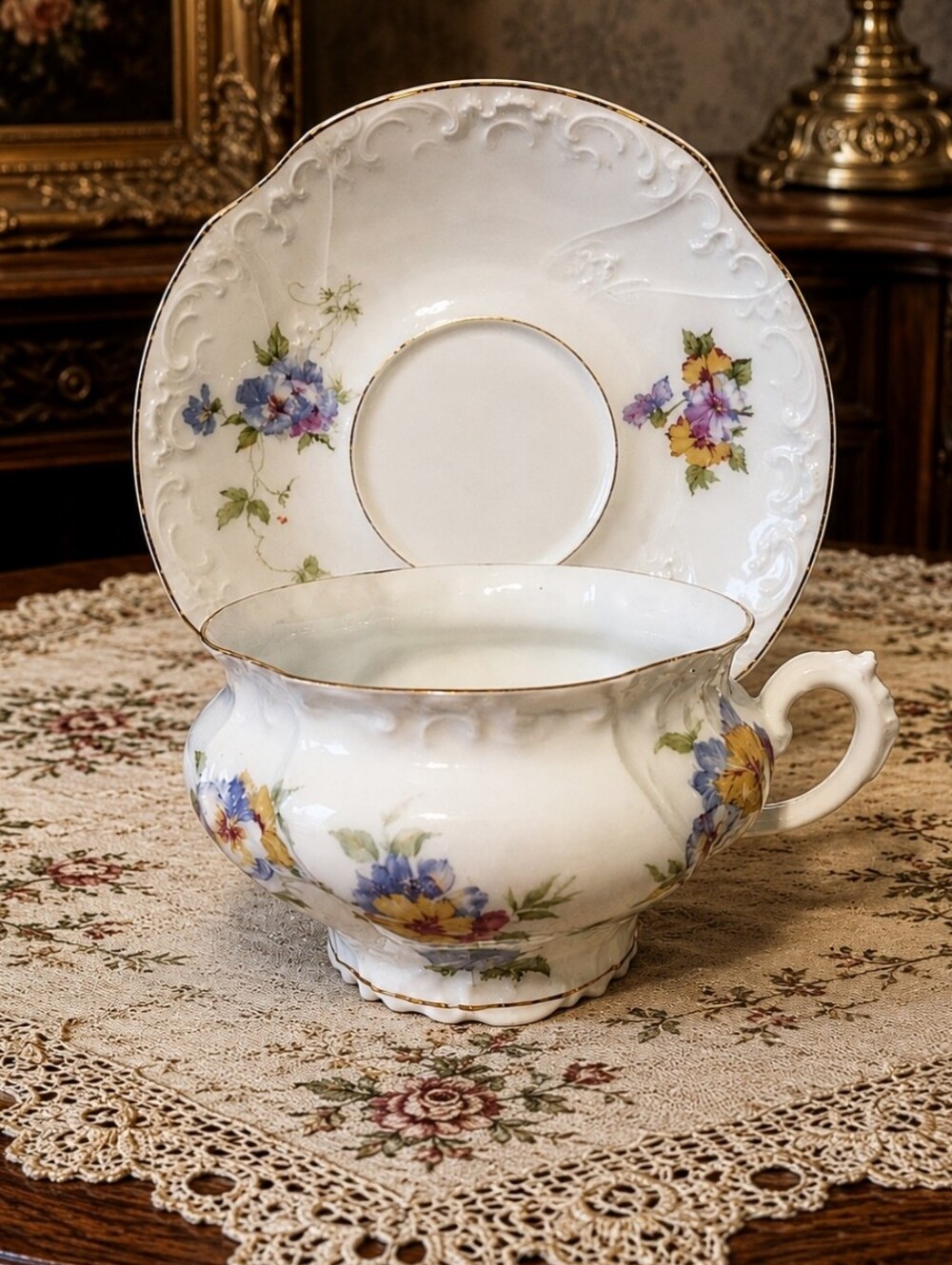 Germany Porcelain Teacup & Saucer Dainty Flowers Fancy Tea Party Tea Cup German